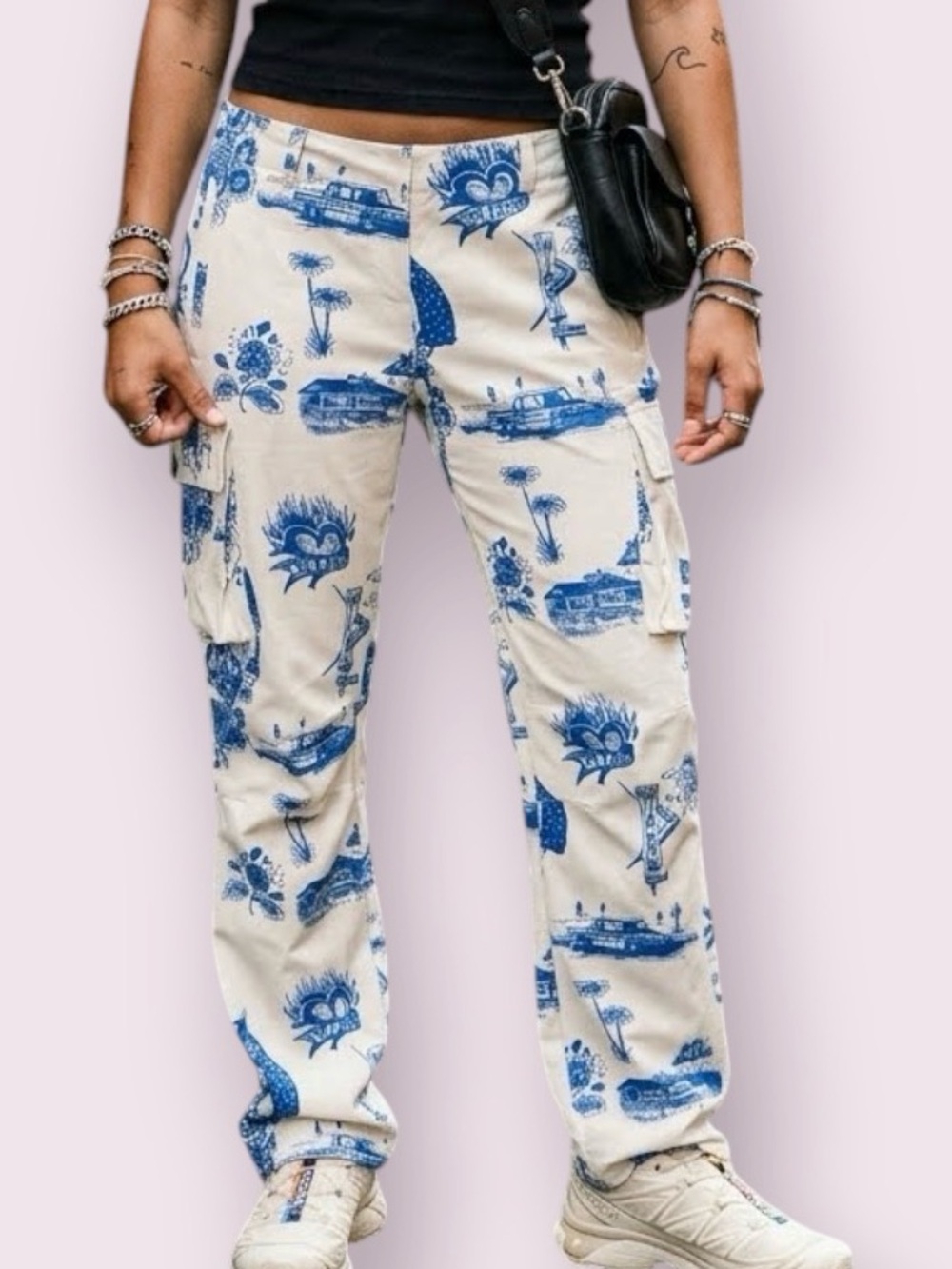 Miaou Raven Cargo Pant Cry Baby Y2K Print White Blue Size Small from Revolve